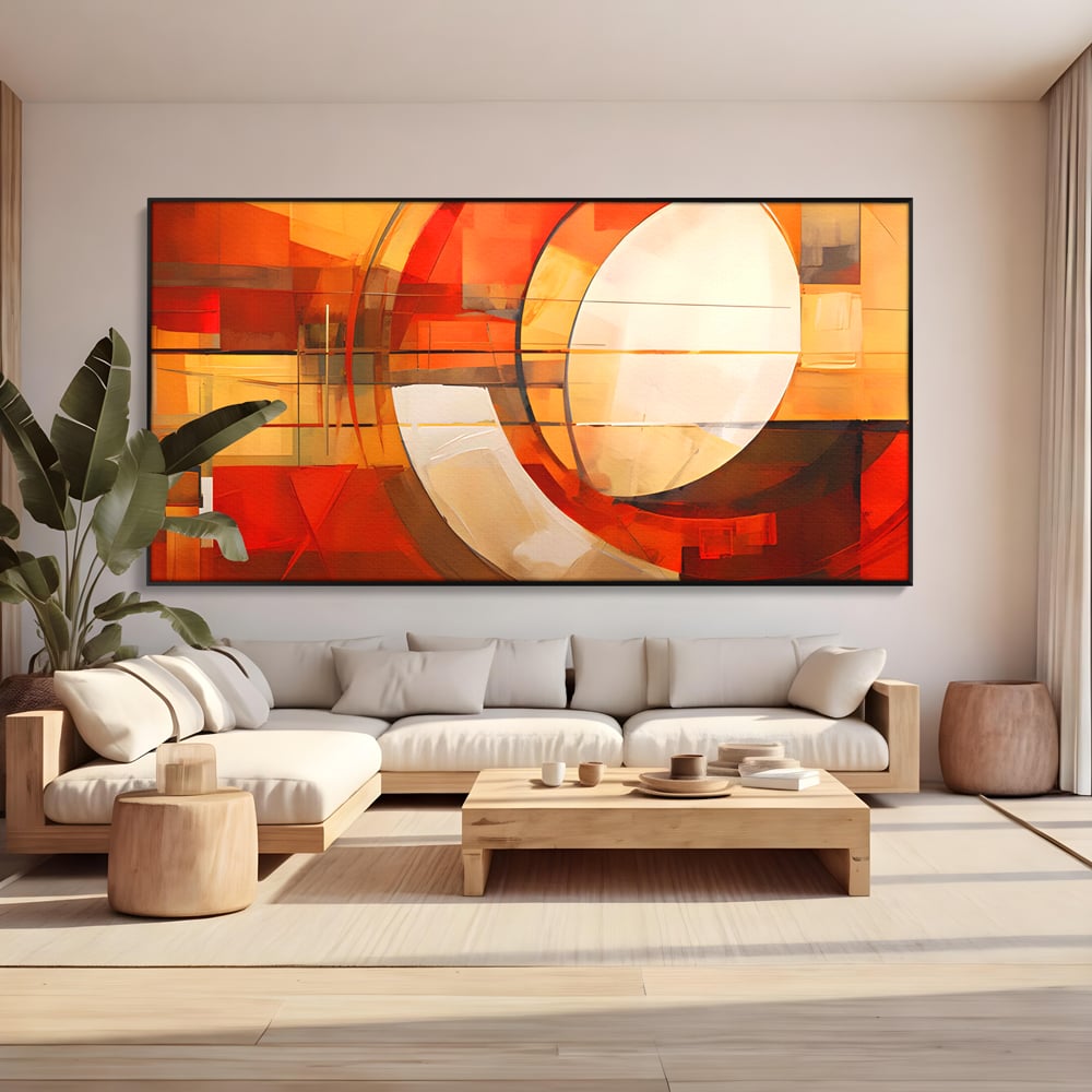 Tablou canvas cu tablou canvas cu pictura abstracta geometrica, in rama de aluminiu negru, pe perete intr-un living